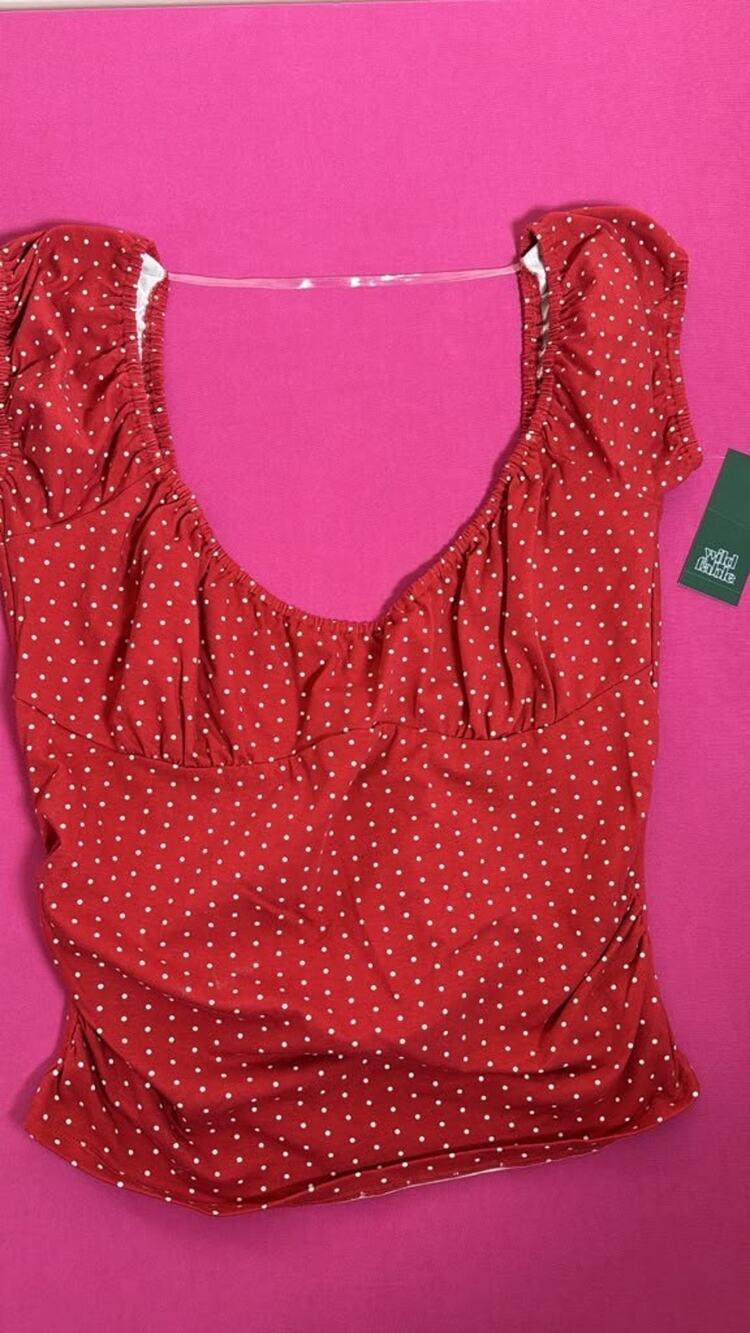 Wild Fable Red Polka Dot Top Size XL Square Neck Ruched Sleeve Retro Style